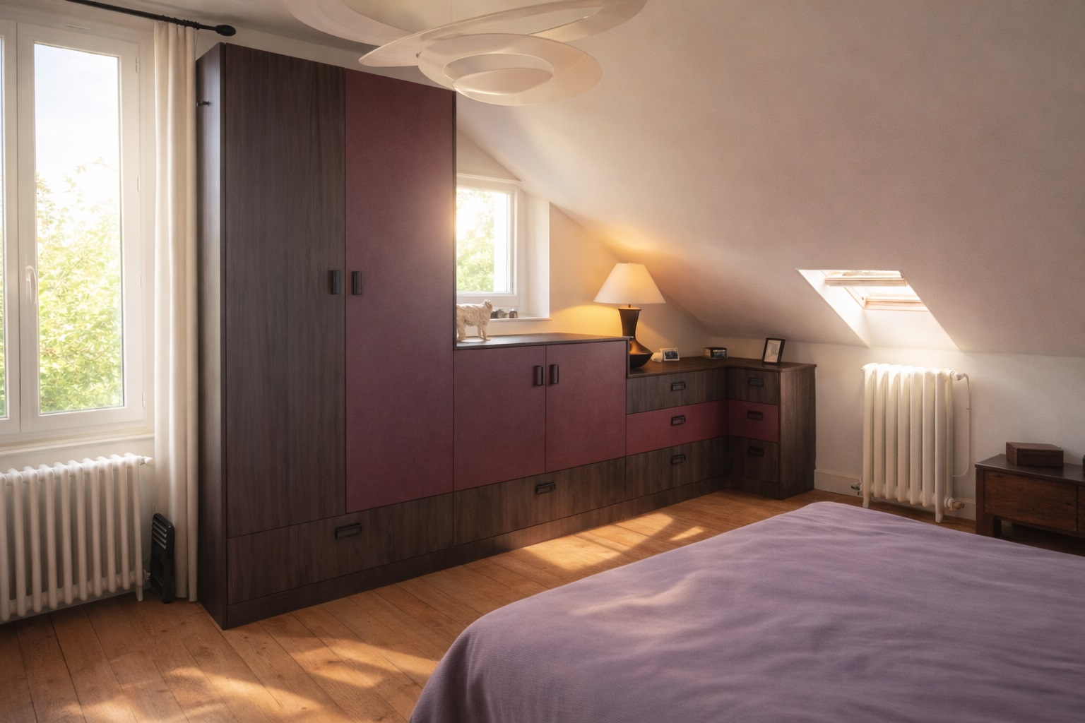 Dressing sur mesure en sous-pente, lie-de-vin et noyer