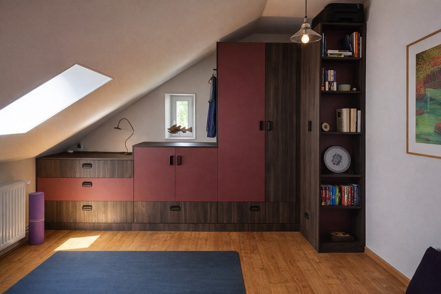 Dressing sur mesure en sous-pente, lie-de-vin et noyer2