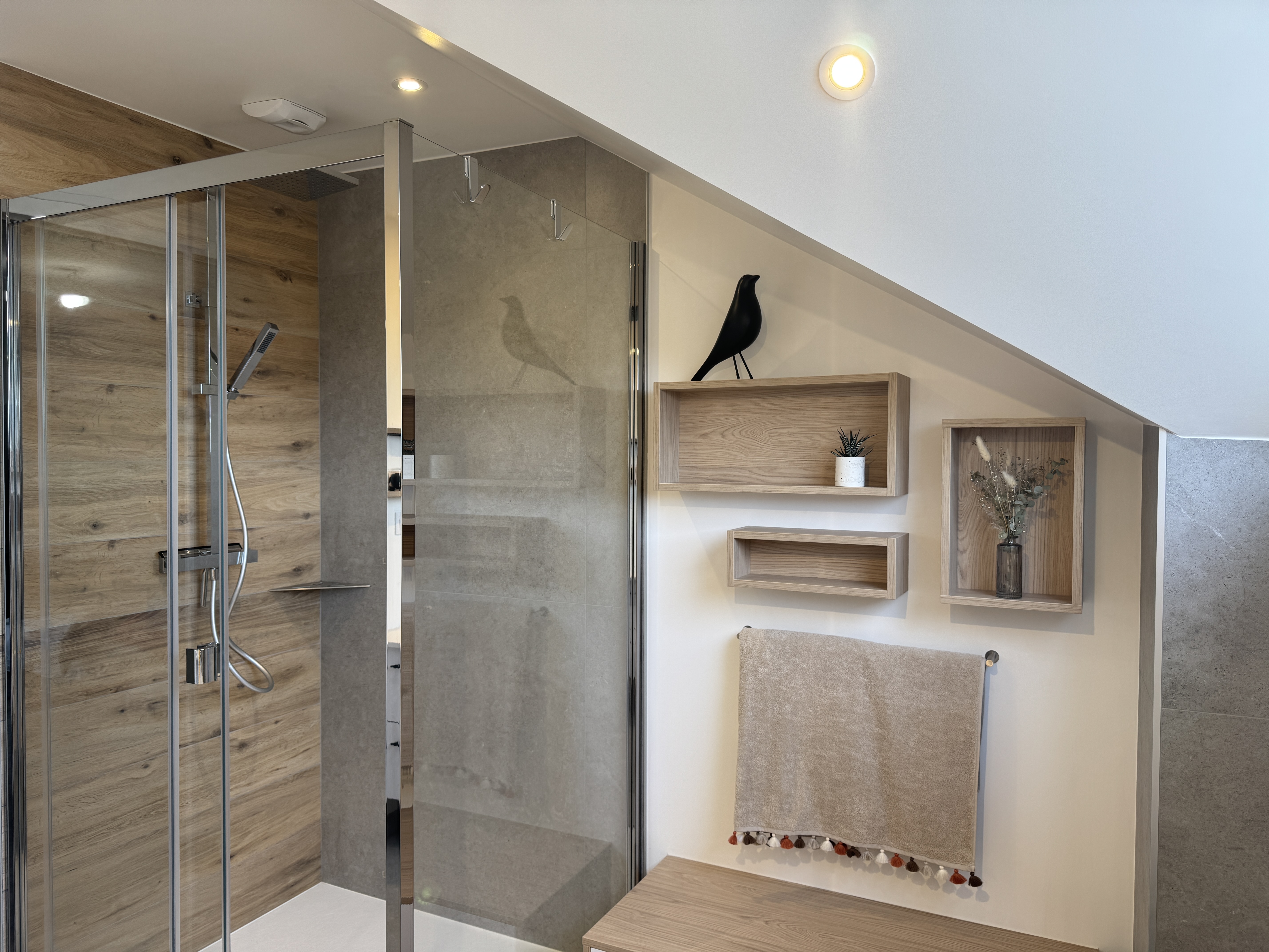 Vue sur la douche intégrée ainsi que les niches décoratives bois